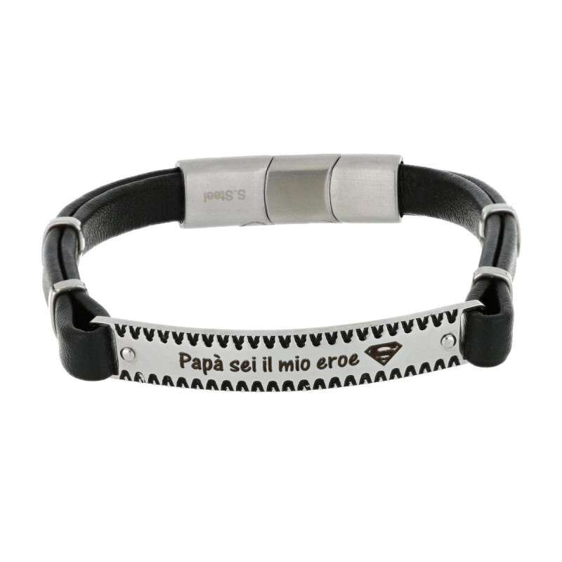 BRACCIALE CM 21 UOMO IN PELLE E ACCIAIO "PAPA' SEI IL MIO EROE"