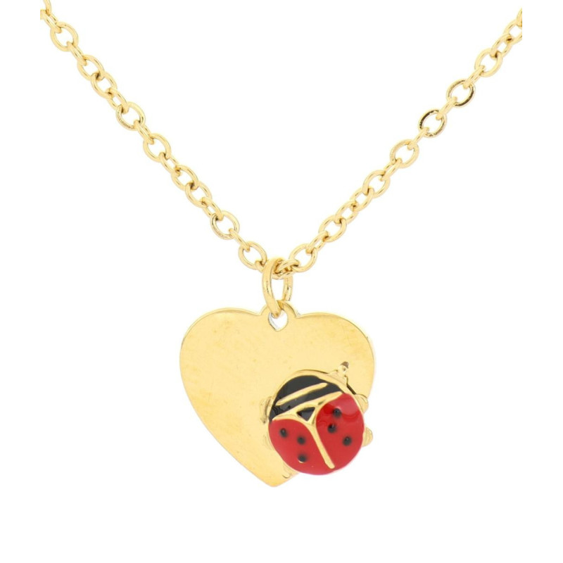 PENDENTE CUORE E COCCINELLA MM 11 E CATENA CM 35+5 IN ACCIAO