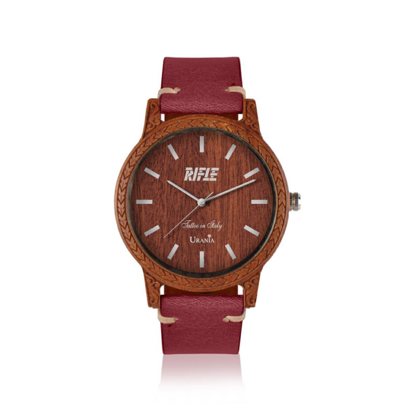 OROLOGIO UOMO IN LEGNO CASSA SANDALO ROSSO INCISA CINT PELLE INV