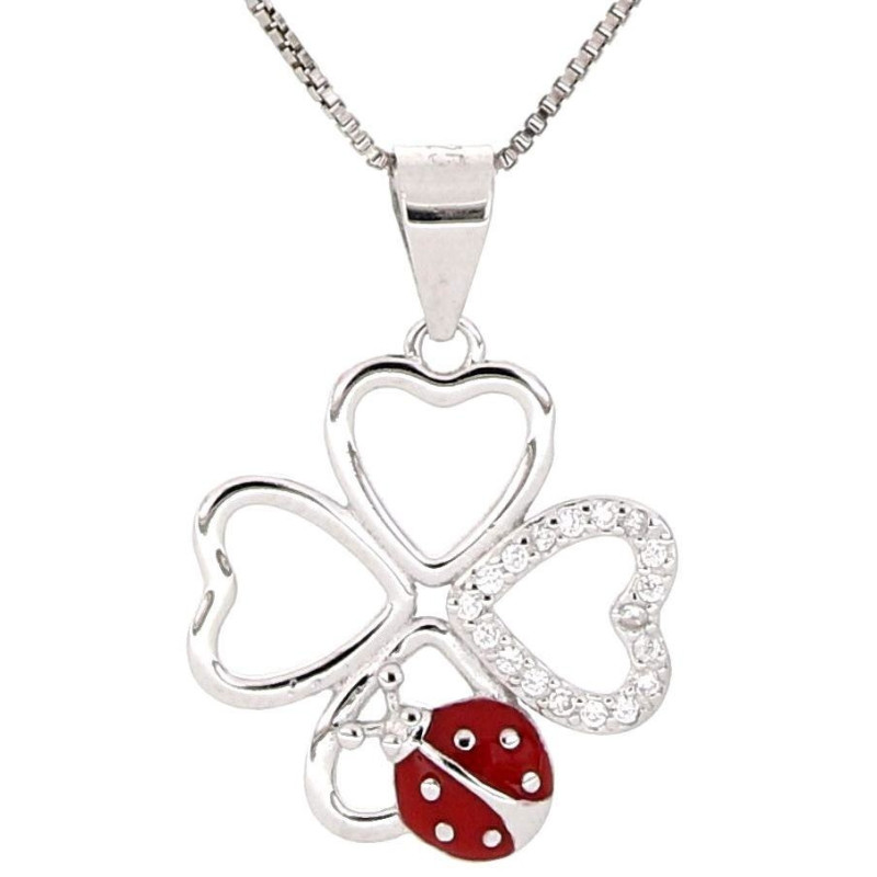 PENDENTE PORTAFORTUNA IN ARGENTO 925 COCCINELLA E QUADRIFOGLIO
