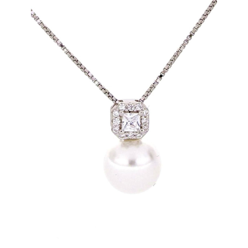 PENDENTE PERLA MM 8 ZIRCONE MM 13 IN ARGENTO 925 CATENA CM 46
