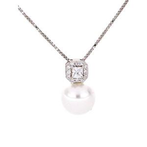 PENDENTE PERLA MM 8 ZIRCONE MM 13 IN ARGENTO 925 CATENA CM 46