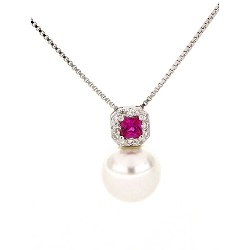 PENDENTE PERLA MM 8 ZIRCONE MM 13 IN ARGENTO 925 CATENA CM 46