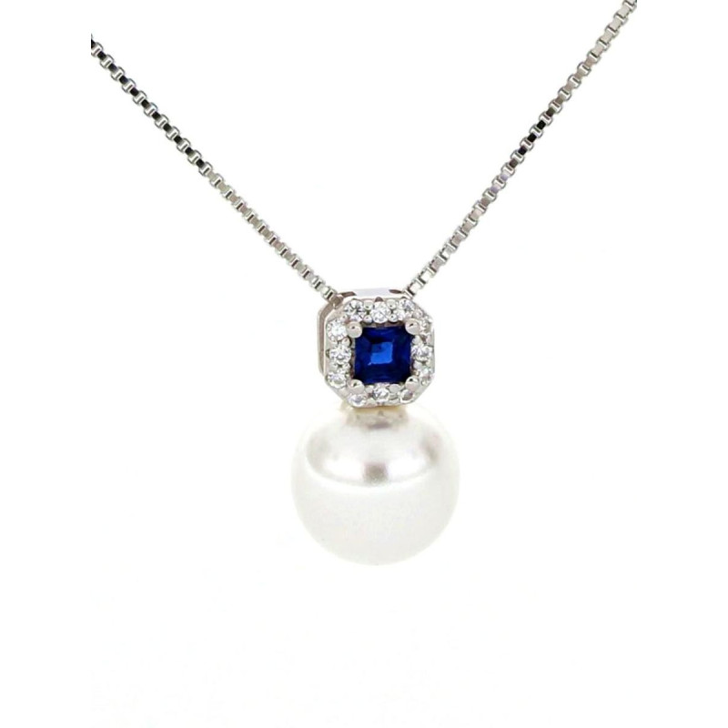 PENDENTE PERLA MM 8 ZIRCONE MM 13 IN ARGENTO 925 CATENA CM 46