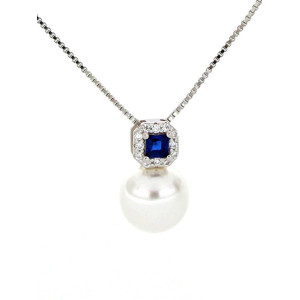 PENDENTE PERLA MM 8 ZIRCONE MM 13 IN ARGENTO 925 CATENA CM 46