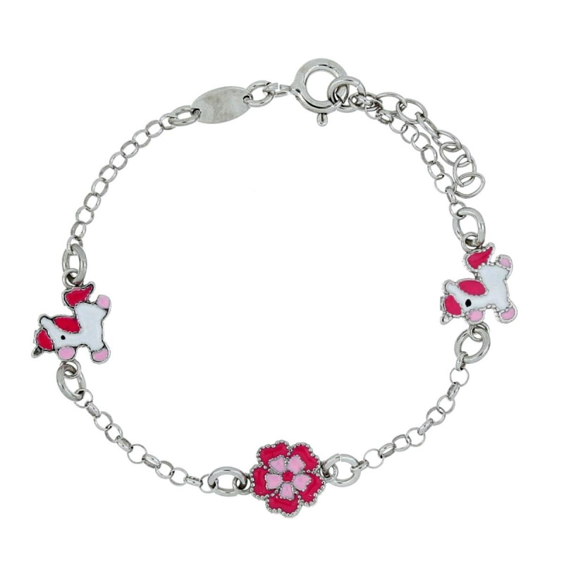 BRACCIALE BABY CM 14+2 CON FIORE E UNICORNI IN ARGENTO 925