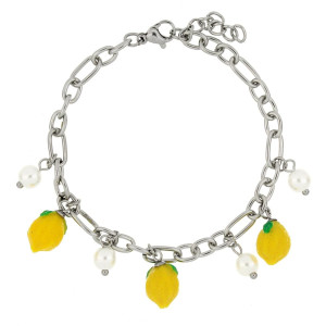BRACCIALE "AMALFI" CON LIMONI E PERLE CM 17+3 IN ACCIAIO