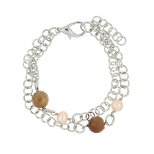 BRACCIALE "VENERE" RODIATO CON PIETRE E PERLE CM 17+3 IN OTTONE
