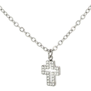 PENDENTE "SACRO" CROCE CON ZIRCONI IN ACCIAIO MM 10