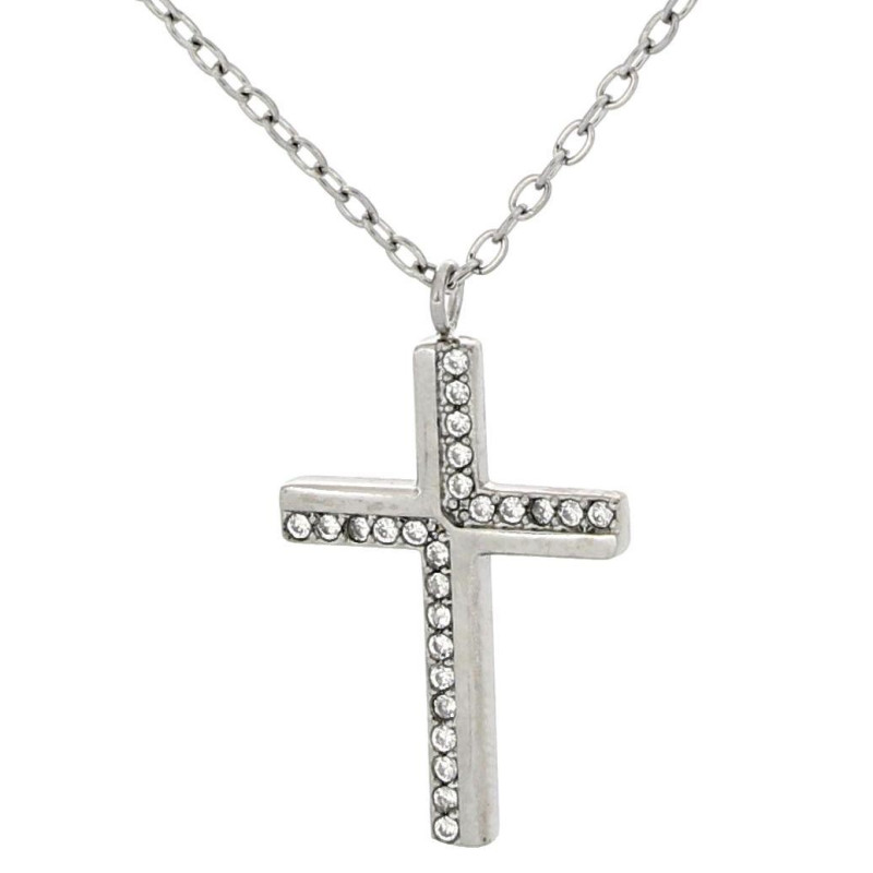 PENDENTE "SACRO" CROCE CON ZIRCONI IN ACCIAIO MM 24