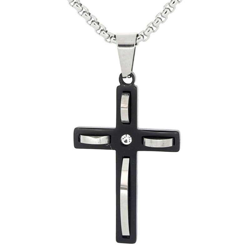 PENDENTE UOMO CROCE IN ACCIAIO CATENA CM 55