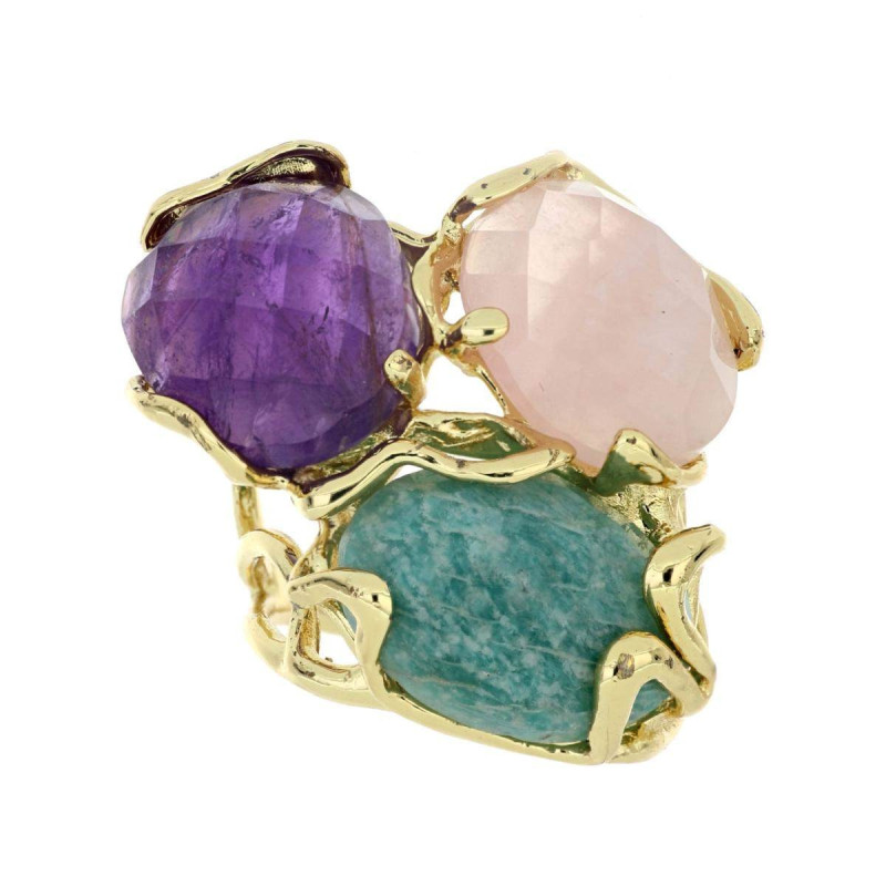 ANELLO IN OTTONO CON PERLA BAROCCA MIX DI QUARZO ROSA, AME AGATA