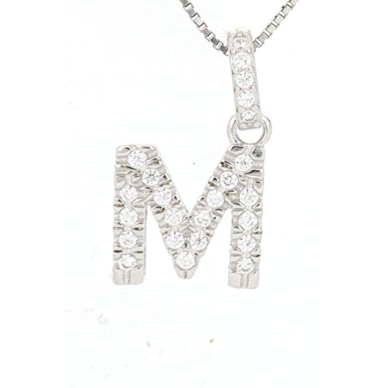 PENDENTE LETTERA M MM 14 IN ARGENTO ZIRCONATO + CATENA