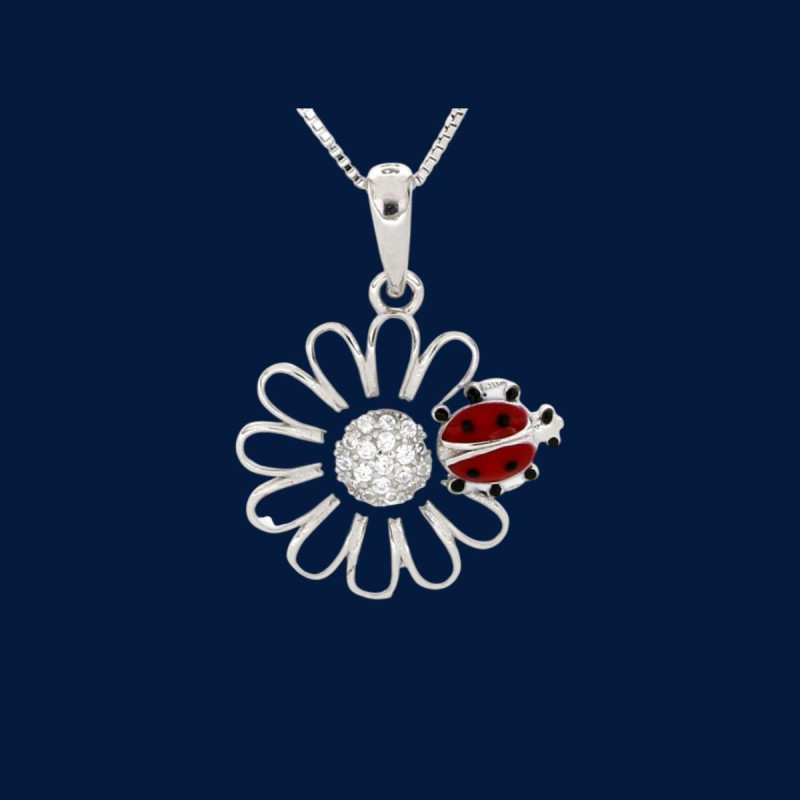 PENDENTE PORTAFORTUNA IN ARGENTO 925 COCCINELLA E QUADRIFOGLIO