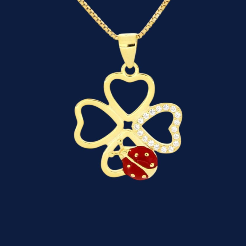 PENDENTE PORTAFORTUNA IN ARGENTO 925 COCCINELLA E QUADRIFOGLIO