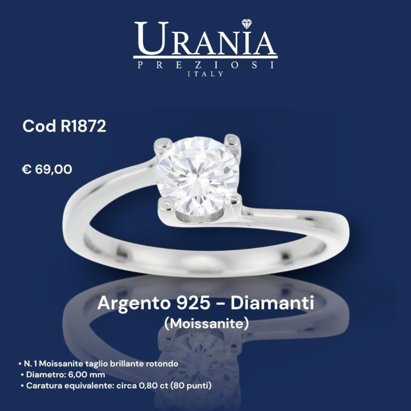 ANELLO "RIFLESSI" CON 1 DIAMANTE MOISSANITE MM 6 IN ARGENTO 925