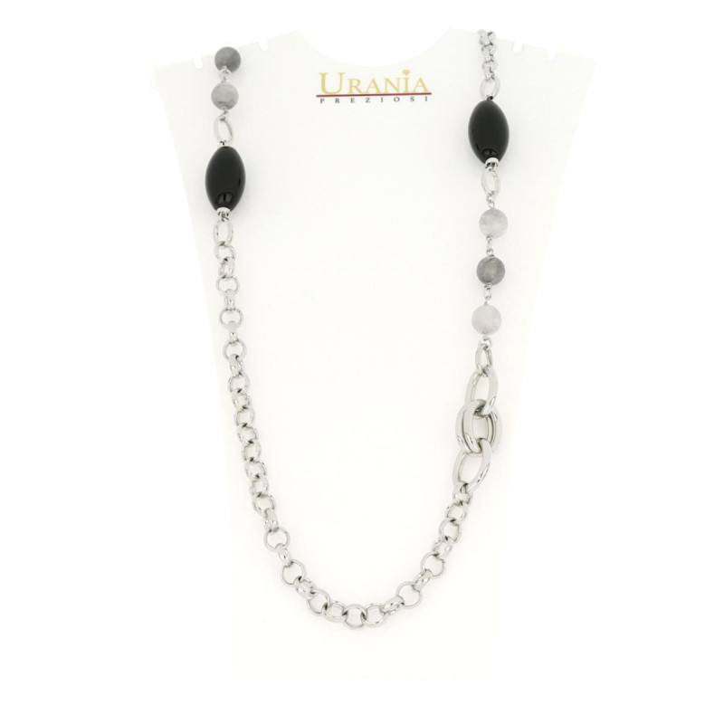 COLLANA "VENERE"RODIATO CM 97 CON PIETRE NERE E GRIGIE IN OTTONE