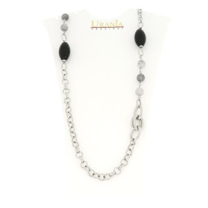 COLLANA "VENERE"RODIATO CM 97 CON PIETRE NERE E GRIGIE IN OTTONE