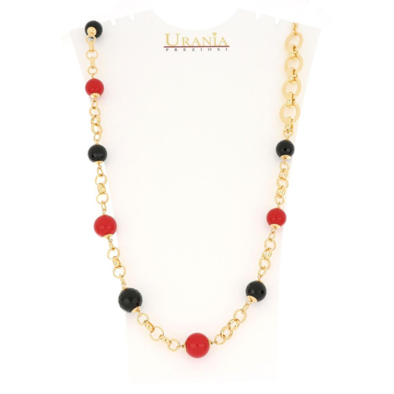COLLANA "VENERE" RODIATO CM 86 CON PIETRE ROSSE E NERE IN OTTONE