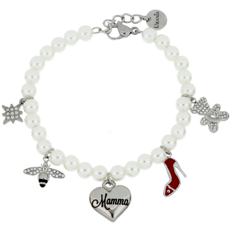 BRACCIALE 'MAMMA' CM 19+5 PERLE MM 6 IN ACCIAIO