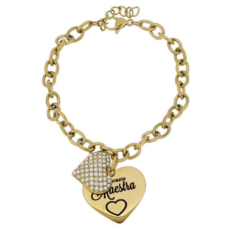 BRACCIALE "MAESTRA" IN ACCIAIO DOPPIO CUORE CON ZIRCONI RIGIDO